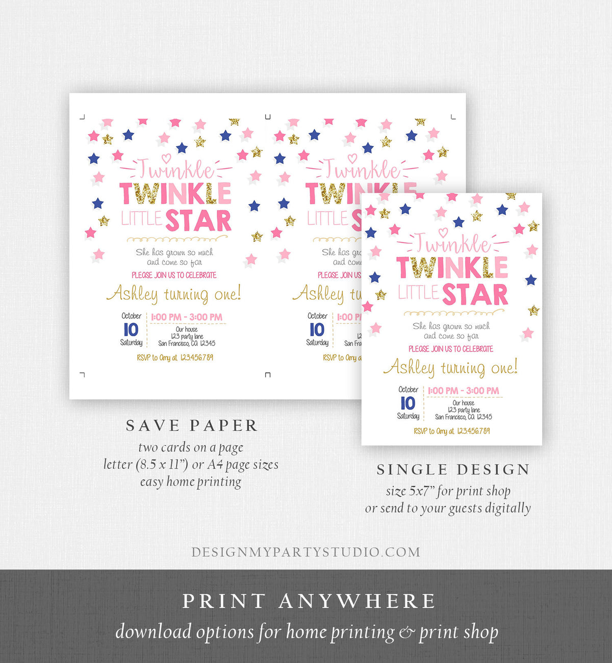Editable Twinkle Little Star Birthday Invitation Pink Navy Blue Gold Girl First Birthday Chalk Stars Download Corjl Template Printable 0028