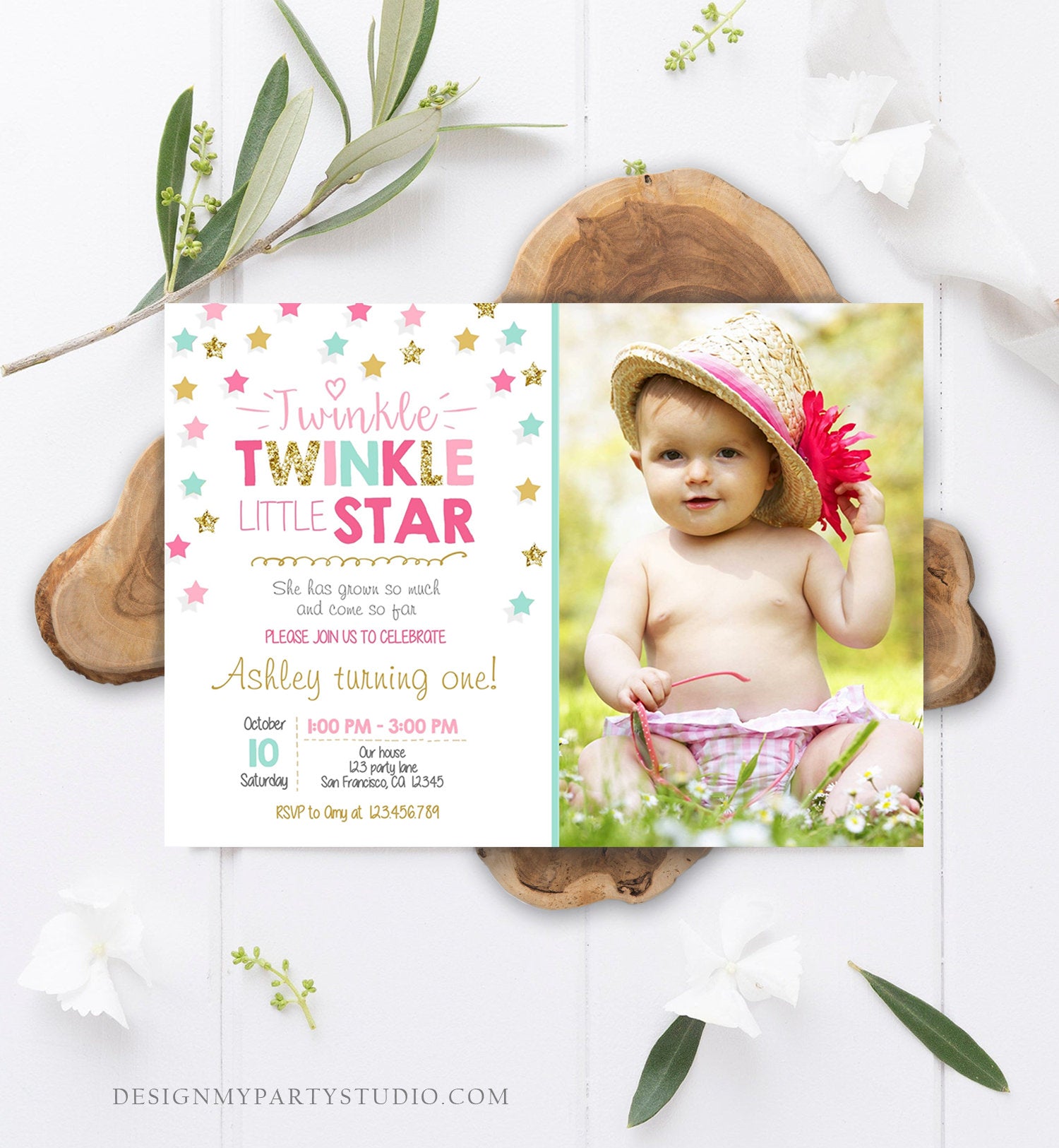 Editable Twinkle Little Star Birthday Invitation Pink Blue Mint Gold Girl First Birthday Chalk Stars Download Corjl Template Printable 0028
