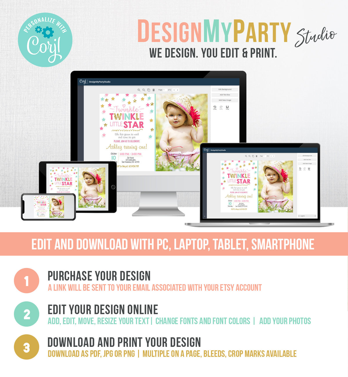 Editable Twinkle Little Star Birthday Invitation Pink Blue Mint Gold Girl First Birthday Chalk Stars Download Corjl Template Printable 0028