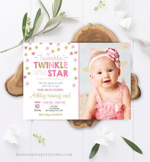 Editable Twinkle Little Star Birthday Invitation Pink Gold Glitter Girl First Birthday Chalk Stars Download Corjl Template Printable 0028
