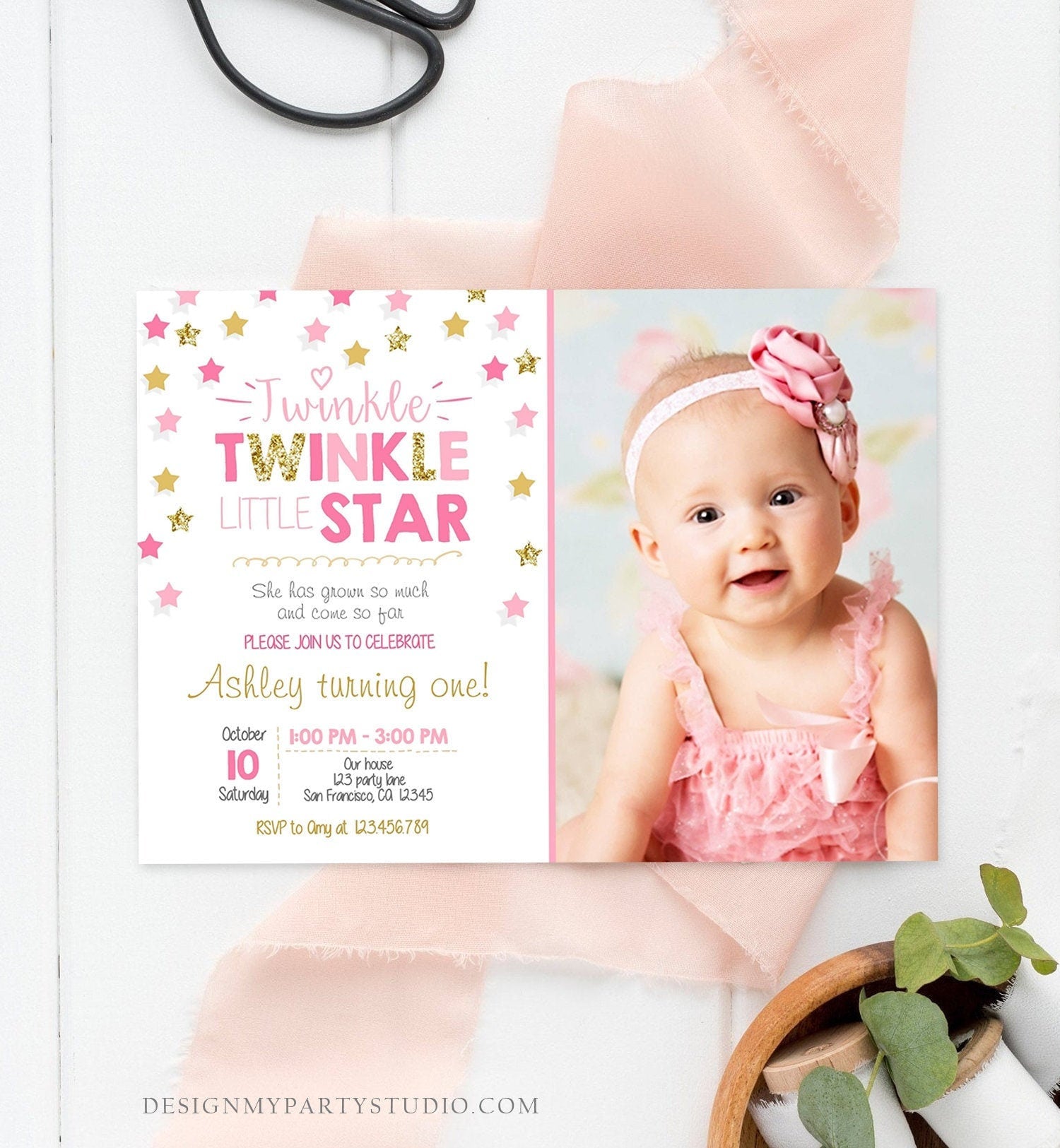 Editable Twinkle Little Star Birthday Invitation Pink Gold Glitter Girl First Birthday Chalk Stars Download Corjl Template Printable 0028