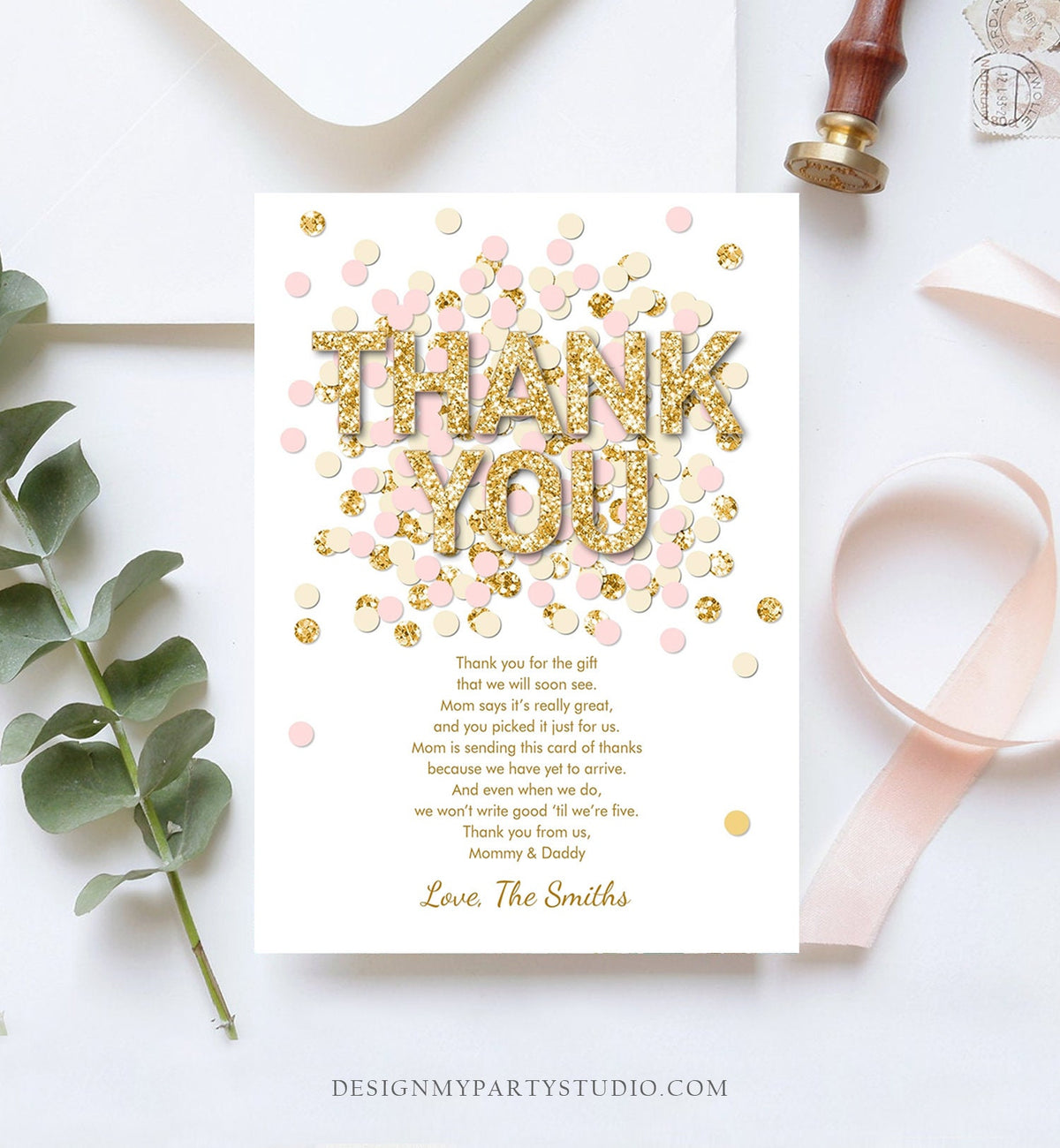 Editable Confetti Thank You Card Baby Shower Birthday Thank You Note Pink Gold Glitter Girl Download Corjl Template Printable 0114