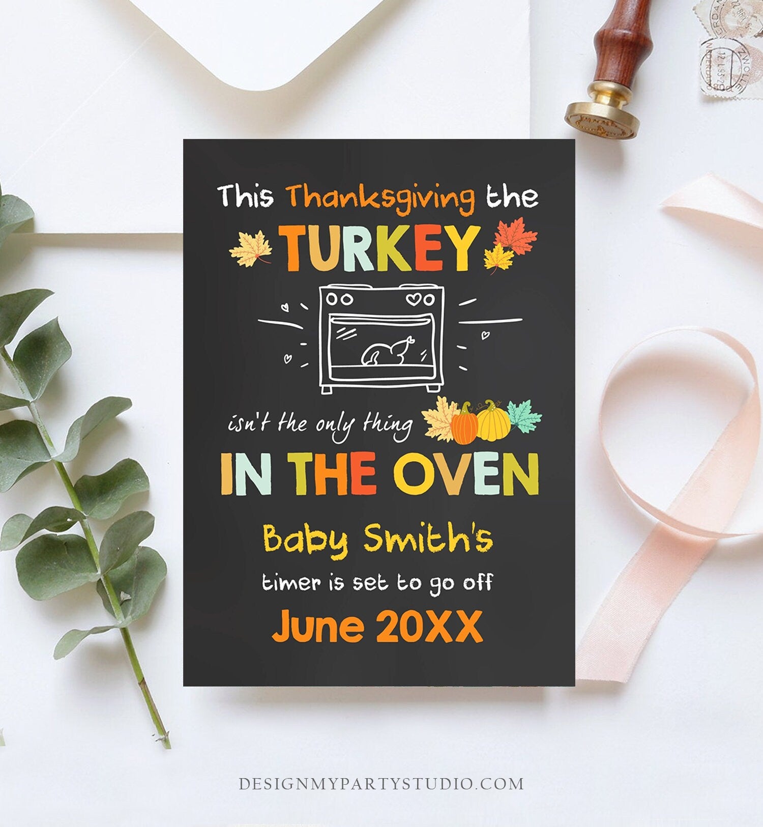 Editable Thanksgiving Pregnancy Announcement Reveal Turkey In The Oven Baby on the Way Fall Autumn Download Corjl Template Printable 0314