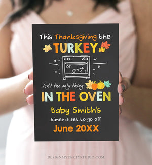 Editable Thanksgiving Pregnancy Announcement Reveal Turkey In The Oven Baby on the Way Fall Autumn Download Corjl Template Printable 0314