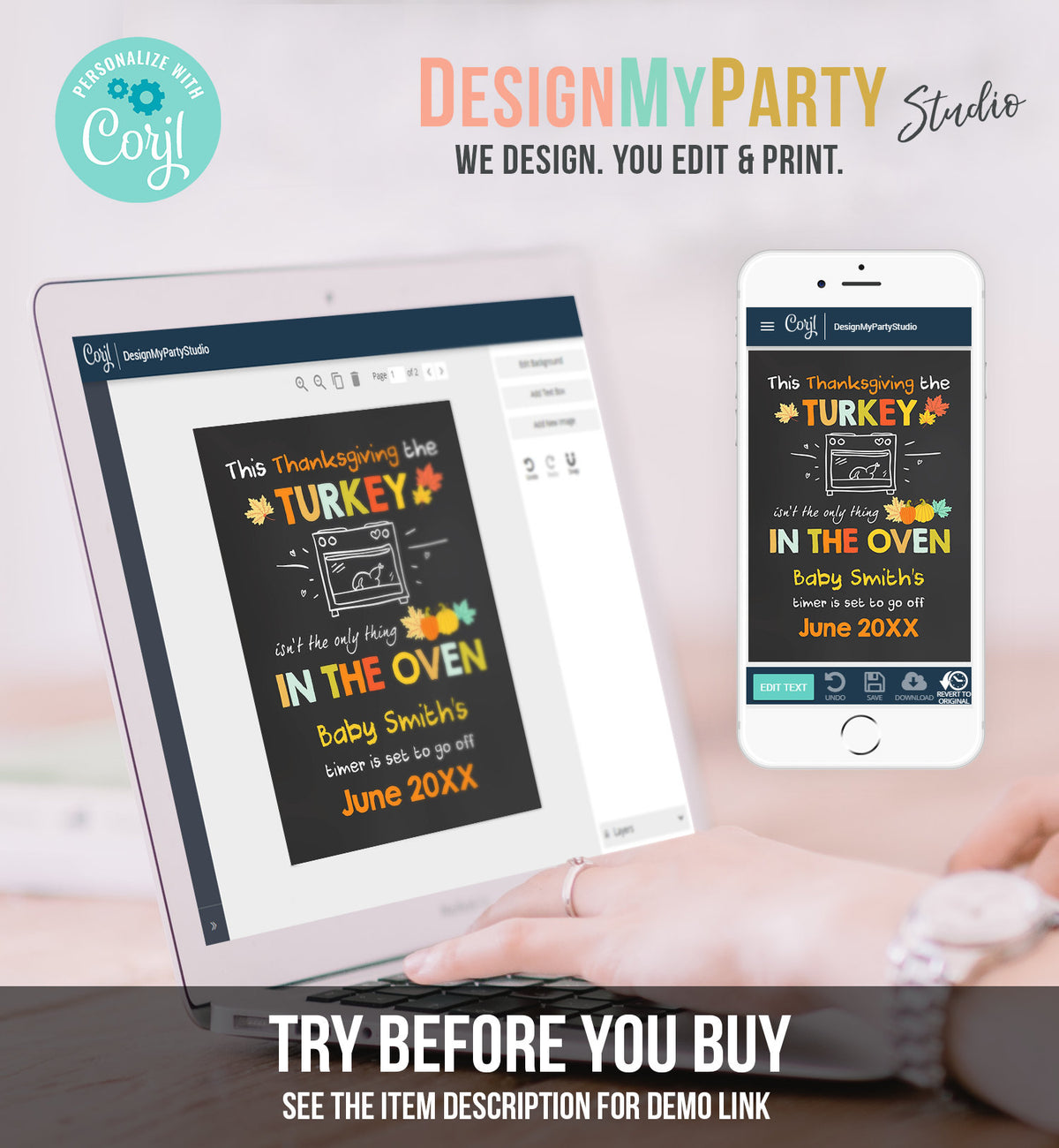 Editable Thanksgiving Pregnancy Announcement Reveal Turkey In The Oven Baby on the Way Fall Autumn Download Corjl Template Printable 0314