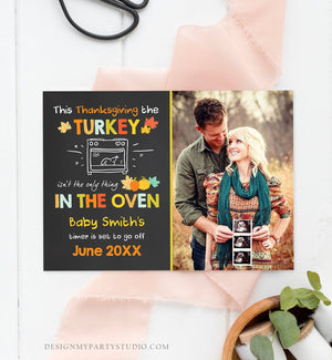 Editable Thanksgiving Pregnancy Announcement Reveal Turkey In The Oven Baby on the Way Fall Autumn Download Corjl Template Printable 0314