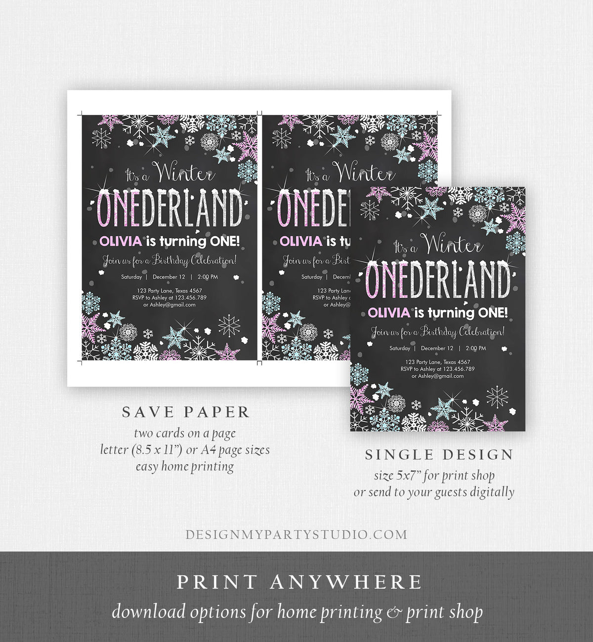 Editable Winter ONEderland Birthday Invitation Pink Girl First Birthday 1st Winter Little Snowflake Mint Blue Corjl Template Printable 0033