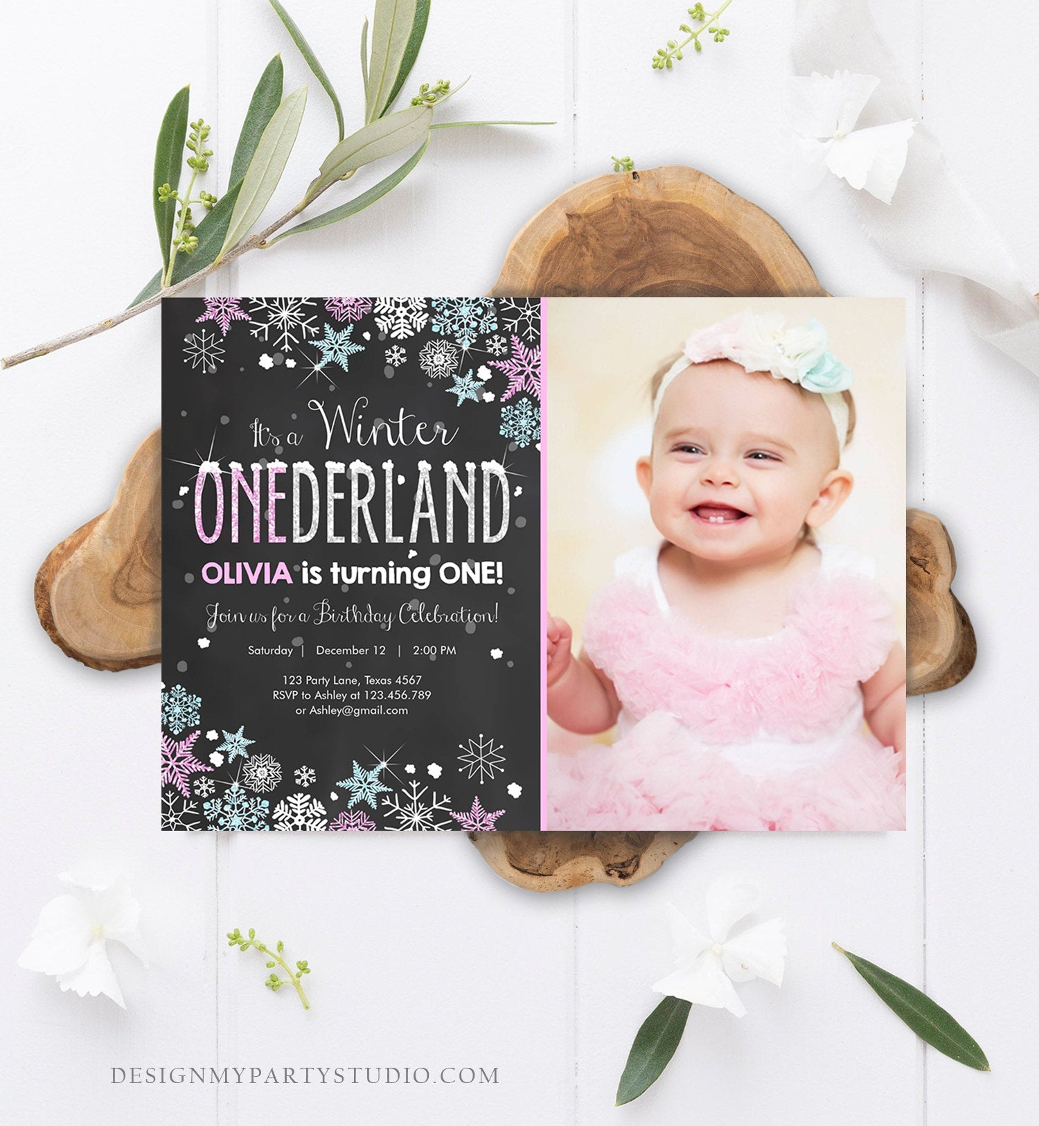 Editable Winter ONEderland Birthday Invitation Pink Girl First Birthday 1st Winter Little Snowflake Mint Blue Corjl Template Printable 0033