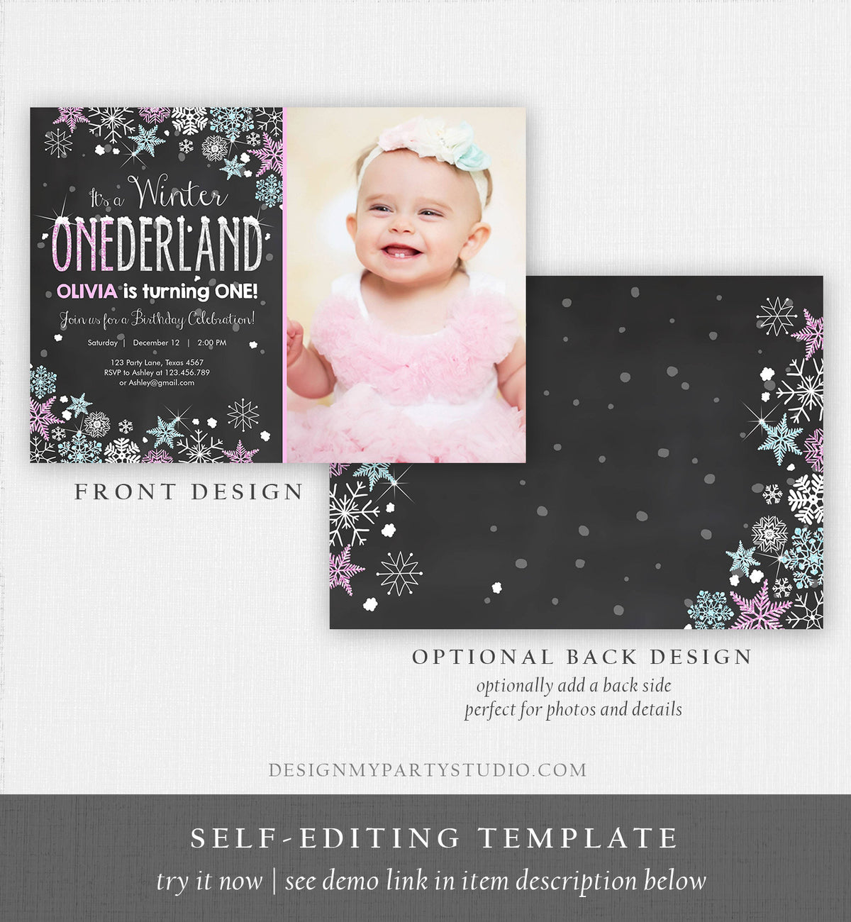Editable Winter ONEderland Birthday Invitation Pink Girl First Birthday 1st Winter Little Snowflake Mint Blue Corjl Template Printable 0033