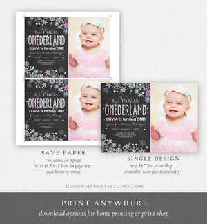 Editable Winter ONEderland Birthday Invitation Pink Girl First Birthday 1st Winter Little Snowflake Mint Blue Corjl Template Printable 0033