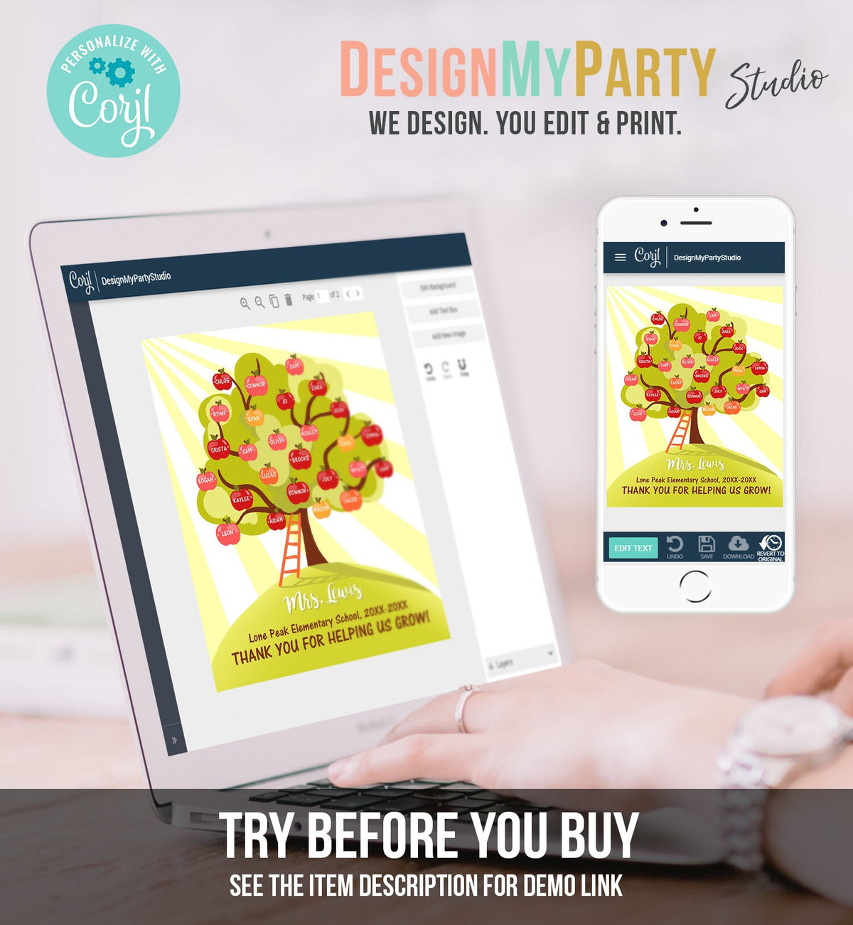 Editable Teacher Tree Print Student Names End of Year Gift Teacher Apples Appreciation Printable Instant Download Template Corjl 0464