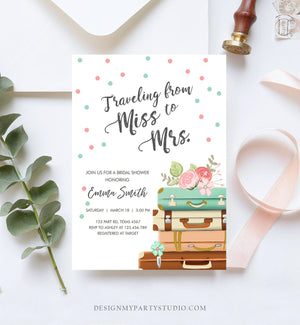 Editable Miss to Mrs Bridal Shower Invitation Traveling From World Map Suitcase Vintage Adventure Digital Corjl Template Printable 0044