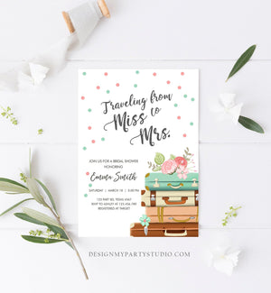 Editable Miss to Mrs Bridal Shower Invitation Traveling From World Map Suitcase Vintage Adventure Digital Corjl Template Printable 0044