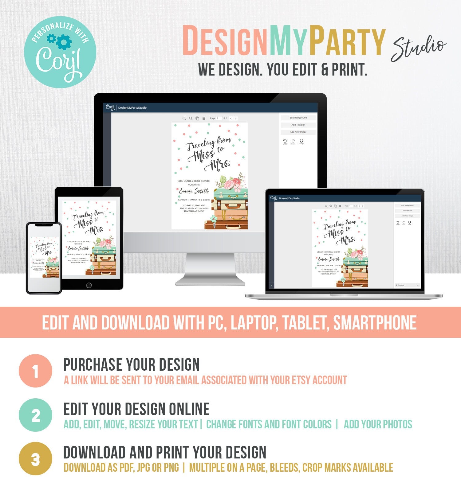 Editable Miss to Mrs Bridal Shower Invitation Traveling From World Map Suitcase Vintage Adventure Digital Corjl Template Printable 0044