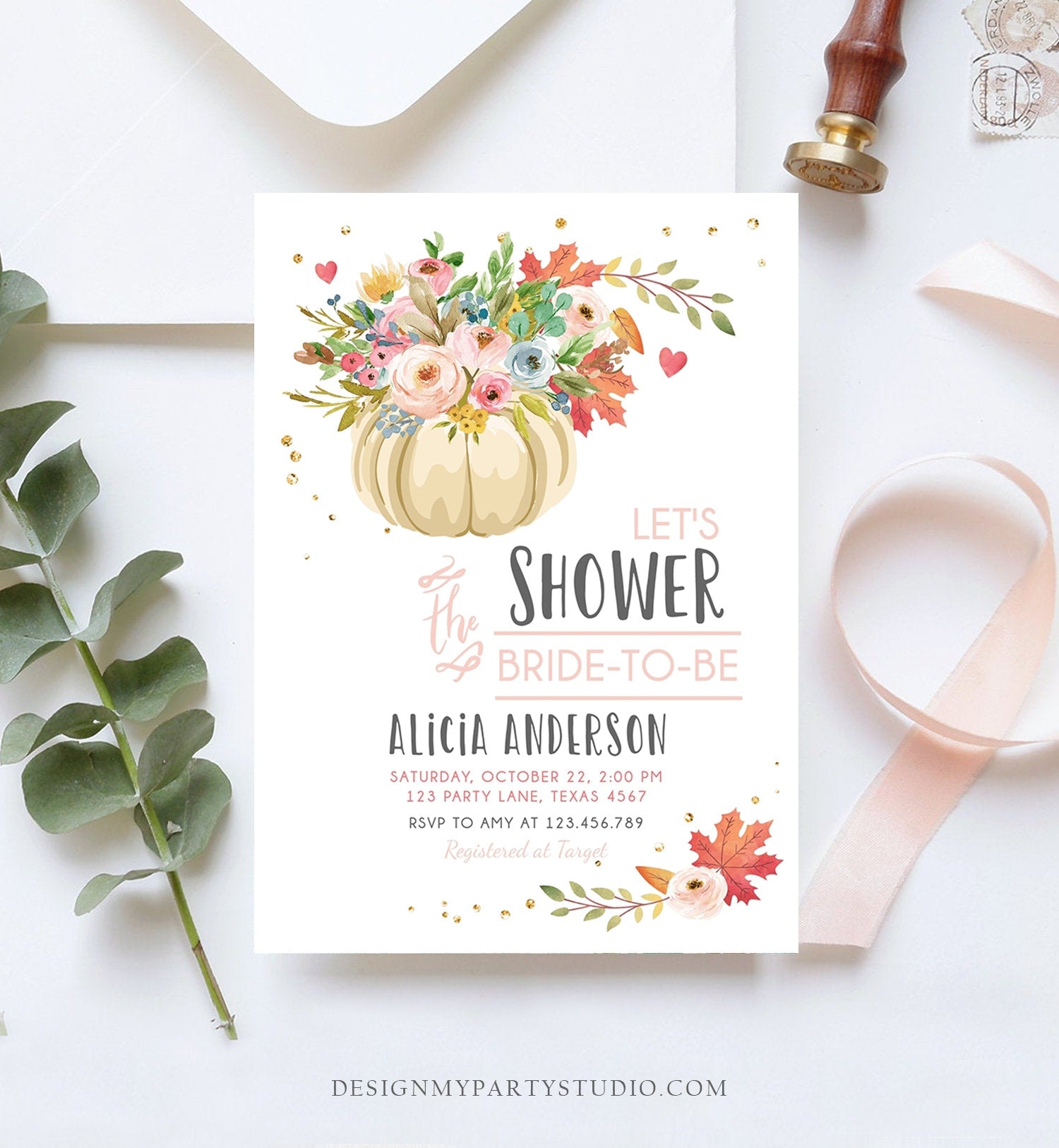 Editable Pumpkin Bridal Shower Invitation Burgundy Autumn Rustic Gold Navy Orange Floral Fall in Love Printable Corjl Template 0178