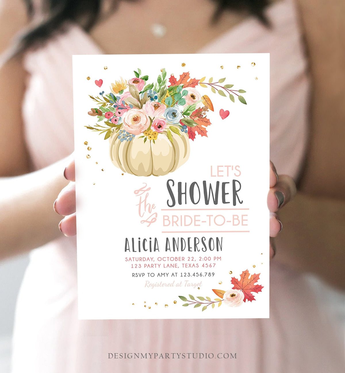 Editable Pumpkin Bridal Shower Invitation Burgundy Autumn Rustic Gold Navy Orange Floral Fall in Love Printable Corjl Template 0178
