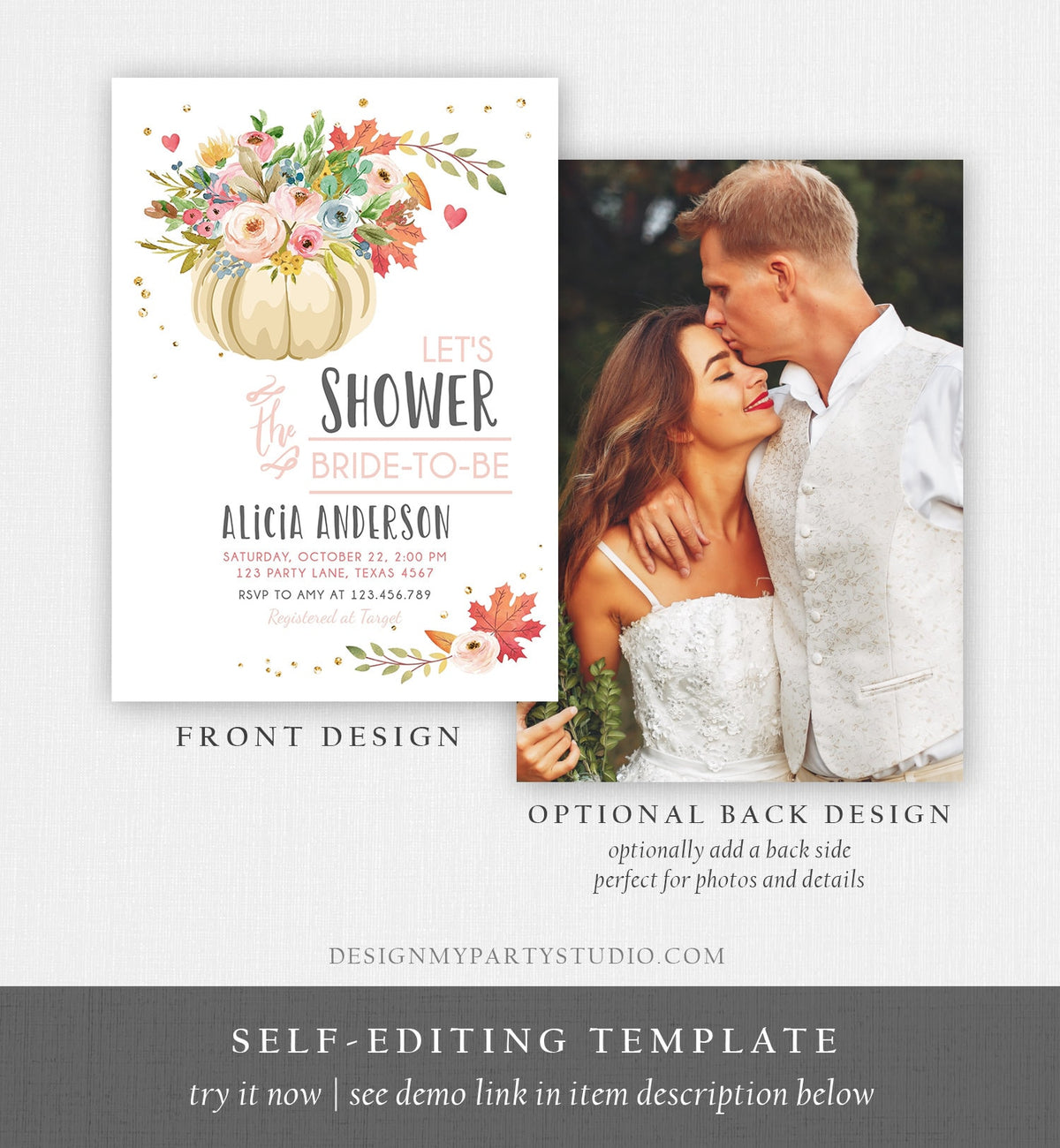 Editable Pumpkin Bridal Shower Invitation Burgundy Autumn Rustic Gold Navy Orange Floral Fall in Love Printable Corjl Template 0178