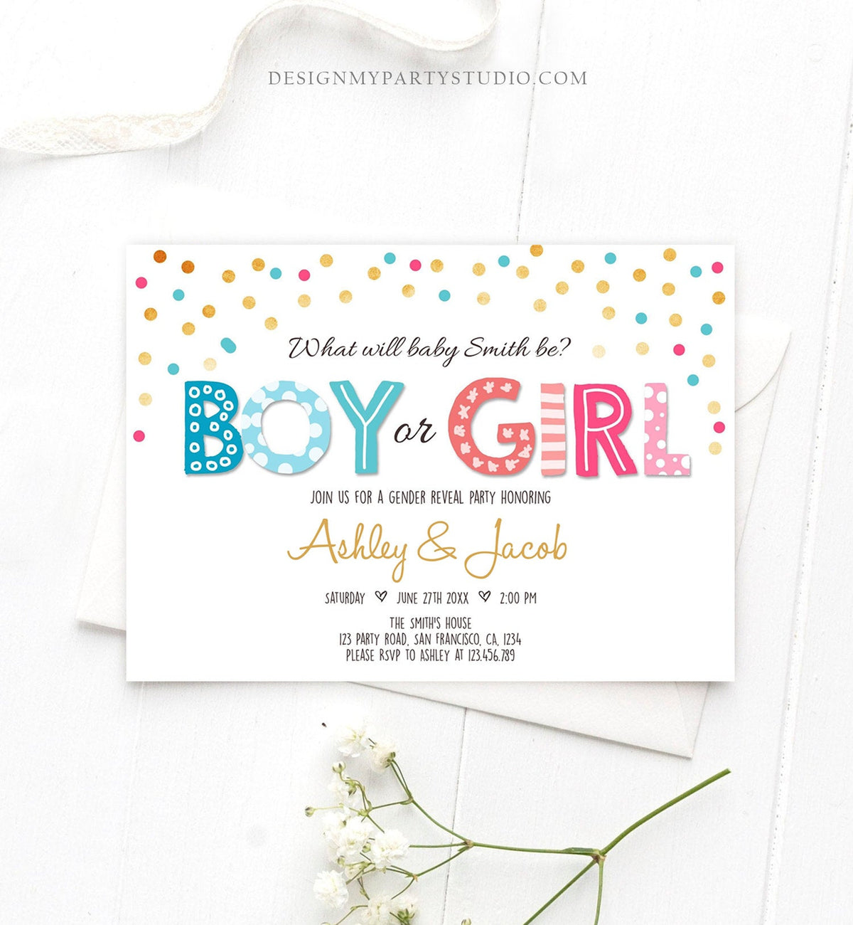 Editable Gender Reveal Invitation Boy or Girl Reveal Invite Blue or Pink He or She Instant Download Printable Template Corjl