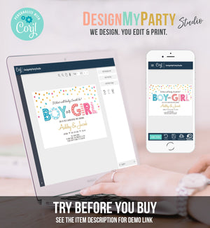 Editable Gender Reveal Invitation Boy or Girl Reveal Invite Blue or Pink He or She Instant Download Printable Template Corjl