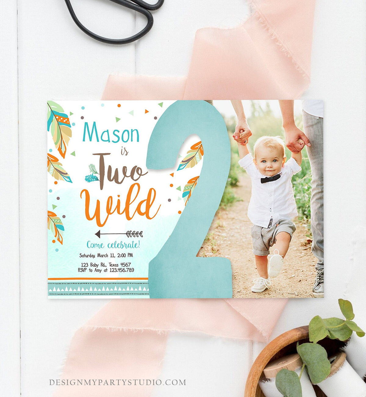 Editable Two Wild Birthday Invitation Boy Second Birthday 2nd Tribal Boho Arrow Feathers Blue Photo Download Corjl Template Printable 0038