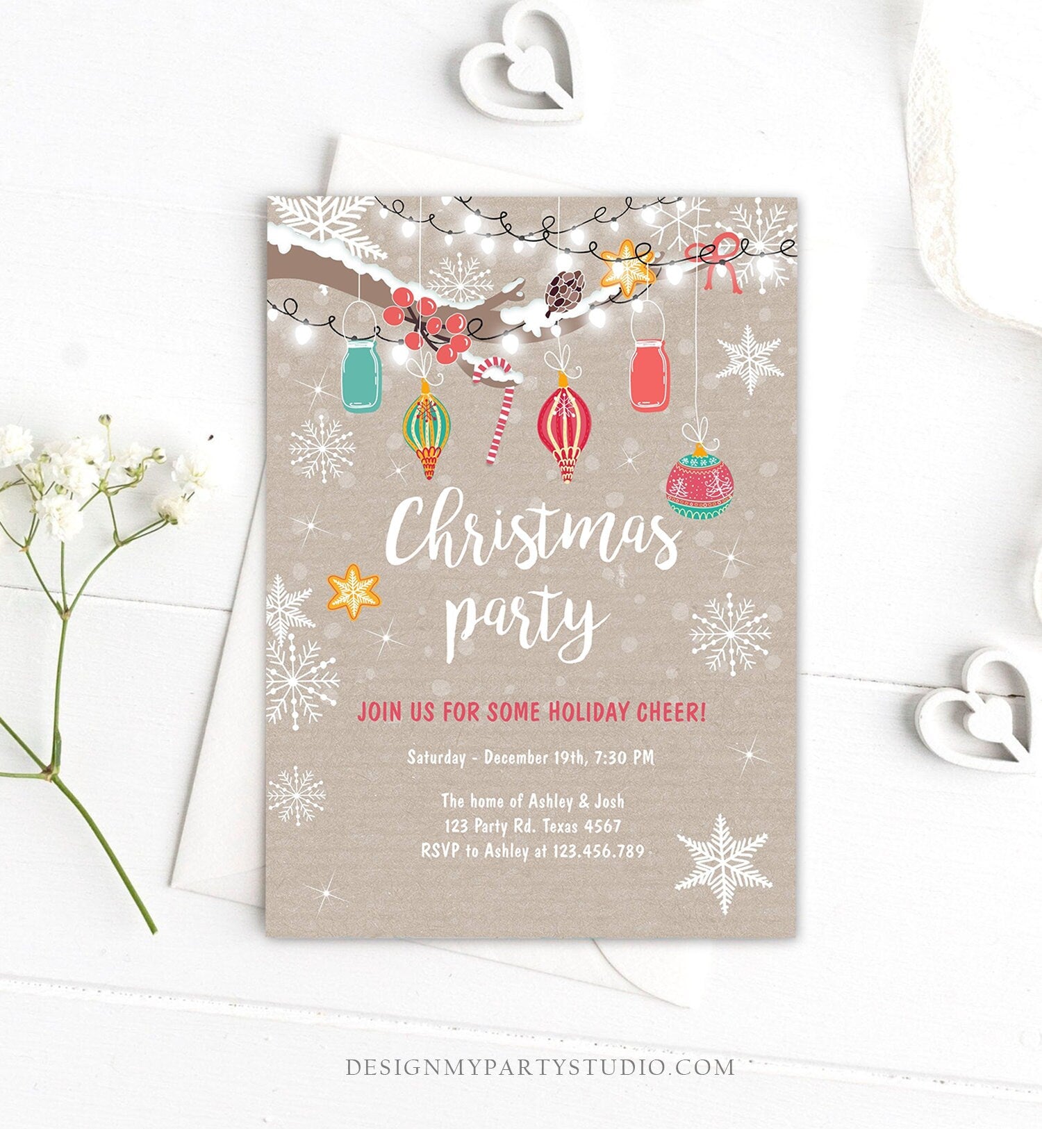 Editable Christmas Holiday Party Invitation Winter Cookie Party Lights Snow Christmas Decorations Gingerbread Corjl Template Printable