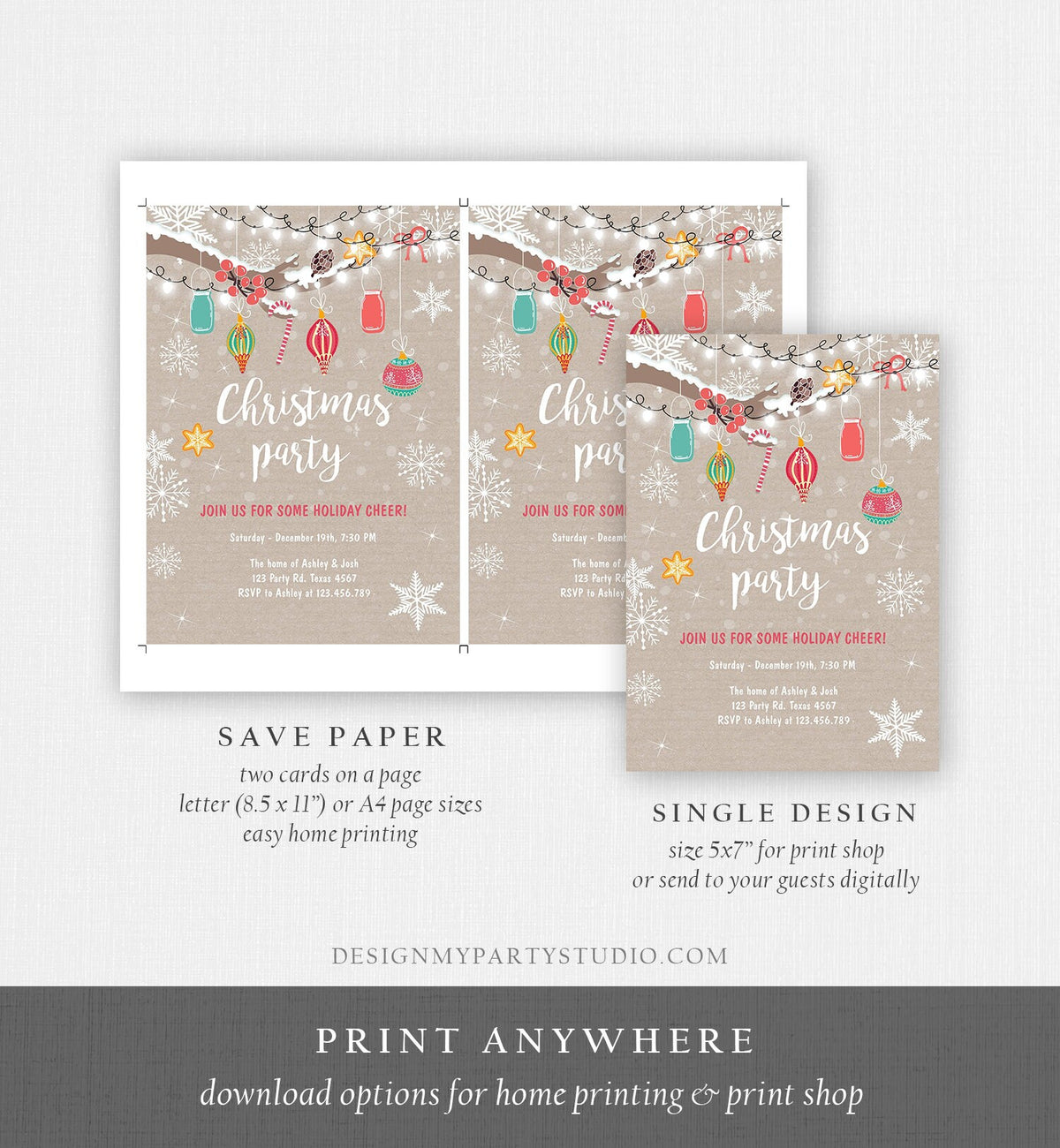 Editable Christmas Holiday Party Invitation Winter Cookie Party Lights Snow Christmas Decorations Gingerbread Corjl Template Printable
