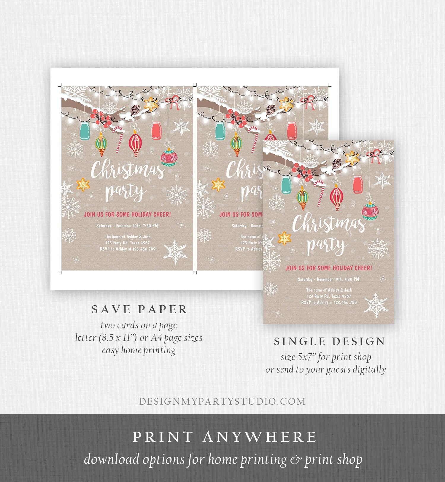 Editable Christmas Holiday Party Invitation Winter Cookie Party Lights Snow Christmas Decorations Gingerbread Corjl Template Printable