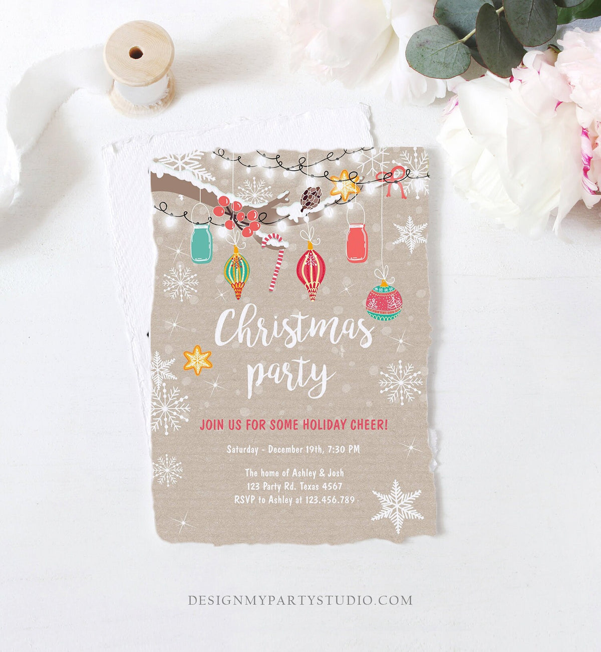 Editable Christmas Holiday Party Invitation Winter Cookie Party Lights Snow Christmas Decorations Gingerbread Corjl Template Printable