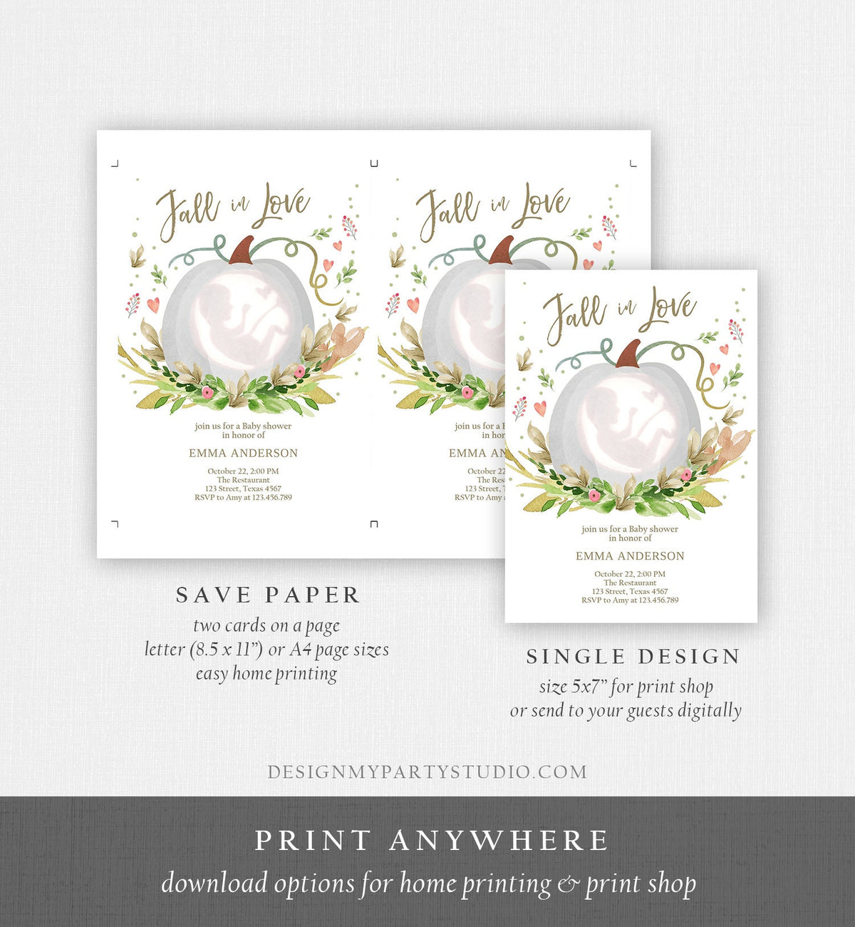 Editable Fall in Love Pumpkin Baby Shower Rustic Fall Rustic Gender Neutral Floral Shower Autumn Printable Template Corjl Digital 0174