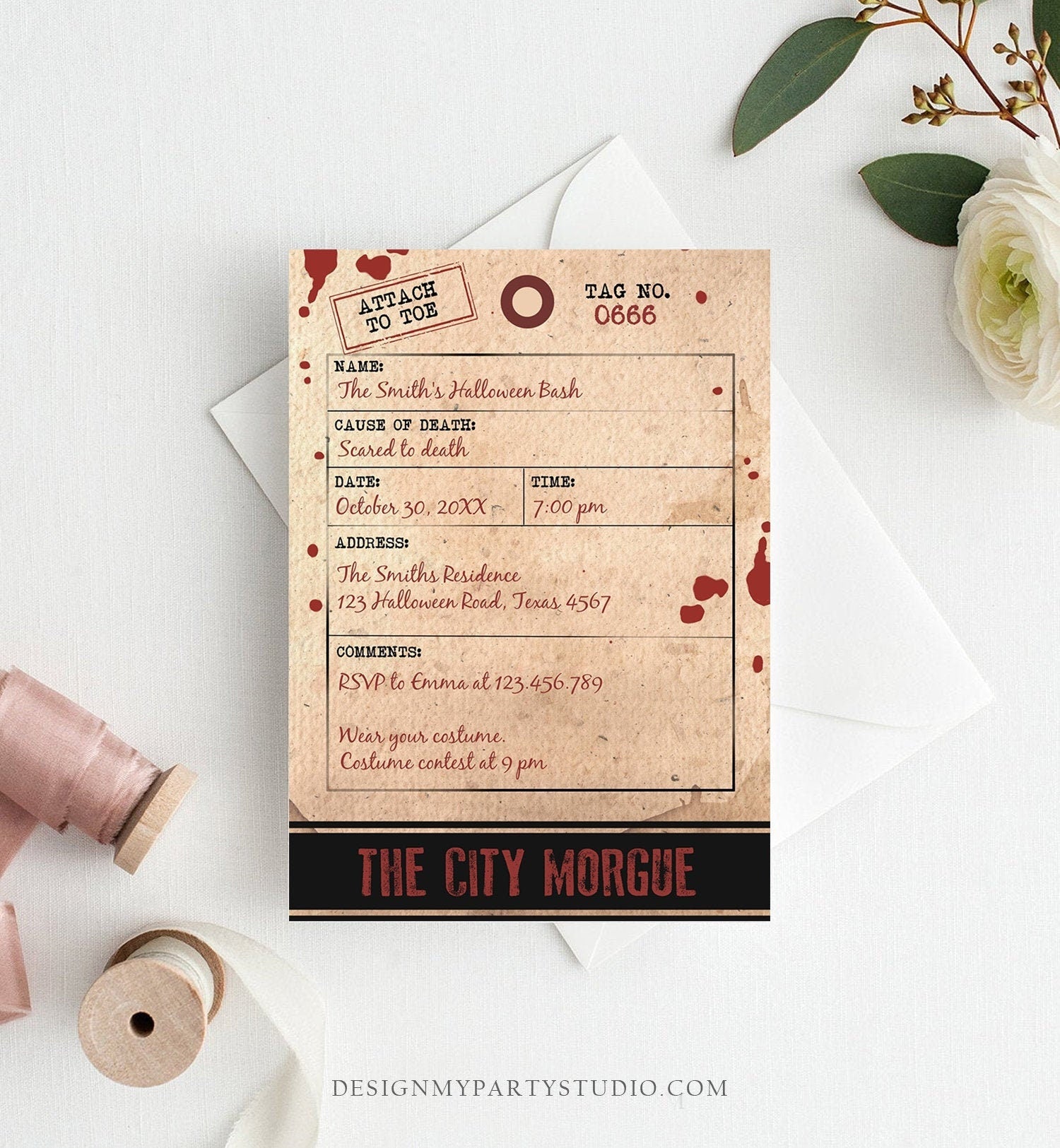 Editable Halloween Bash Invitation for Adults Halloween Party Vintage Toe Tag Invitation Scary Morgue Download Printable Template Corjl
