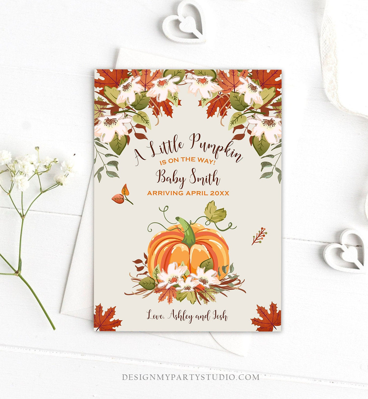 Editable Pumpkin Pregnancy Announcement Rustic Gender Neutral Brown Shower Autumn Fall Baby On the Way Download Digital Corjl Template 0049