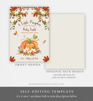 Editable Pumpkin Pregnancy Announcement Rustic Gender Neutral Brown Shower Autumn Fall Baby On the Way Download Digital Corjl Template 0049