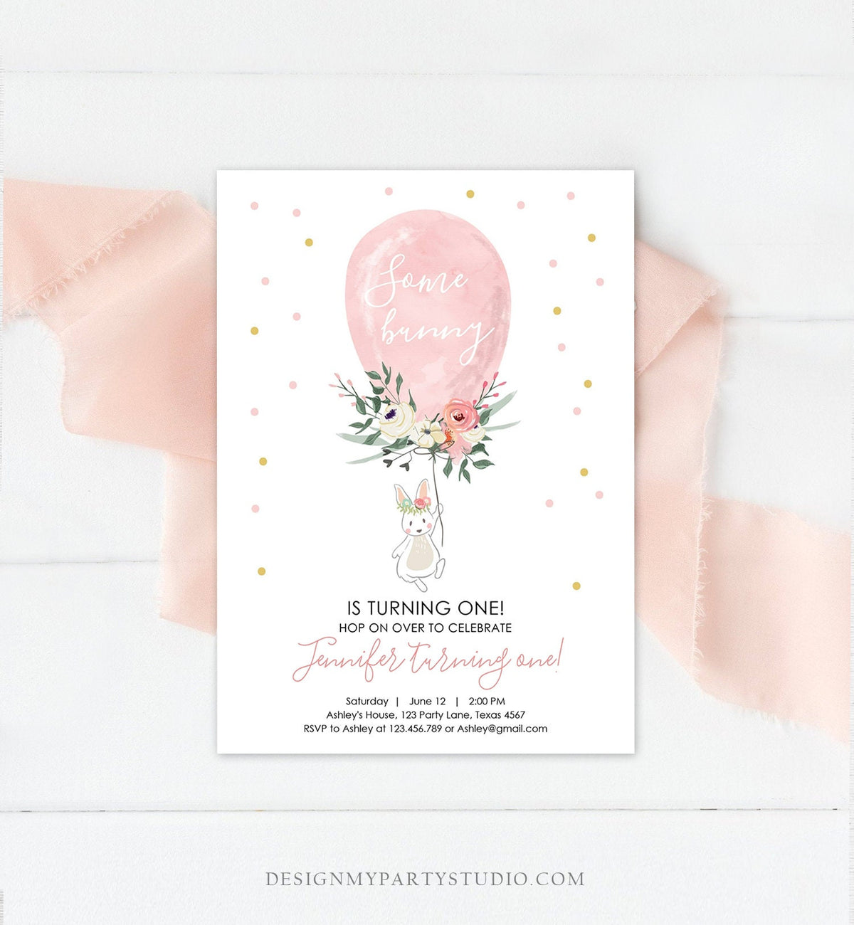 Editable Some Bunny Birthday Invitation Balloon Girl First Birthday 1st Party Floral Pink Gold Download Corjl Template Printable 0221