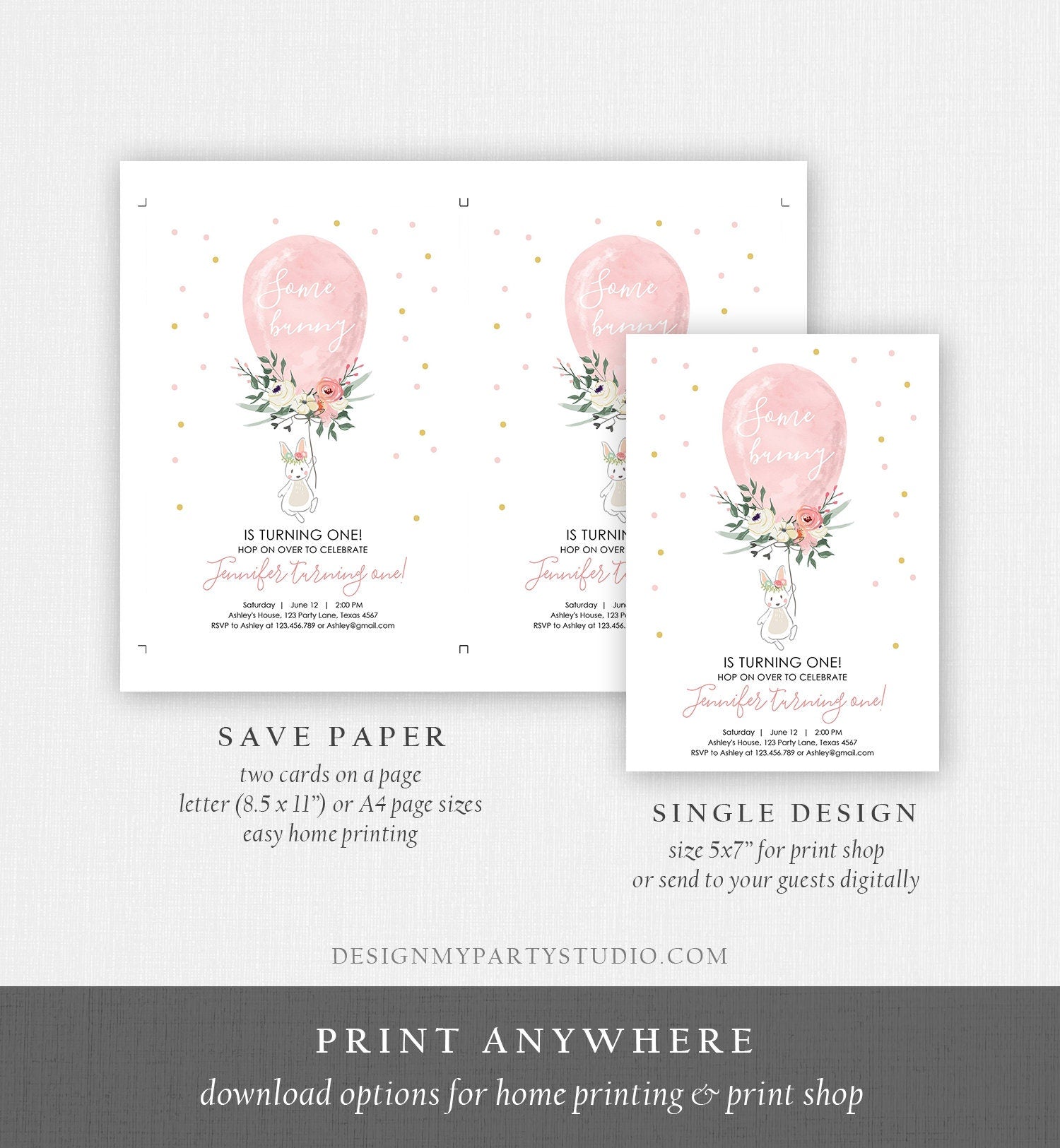 Editable Some Bunny Birthday Invitation Balloon Girl First Birthday 1st Party Floral Pink Gold Download Corjl Template Printable 0221