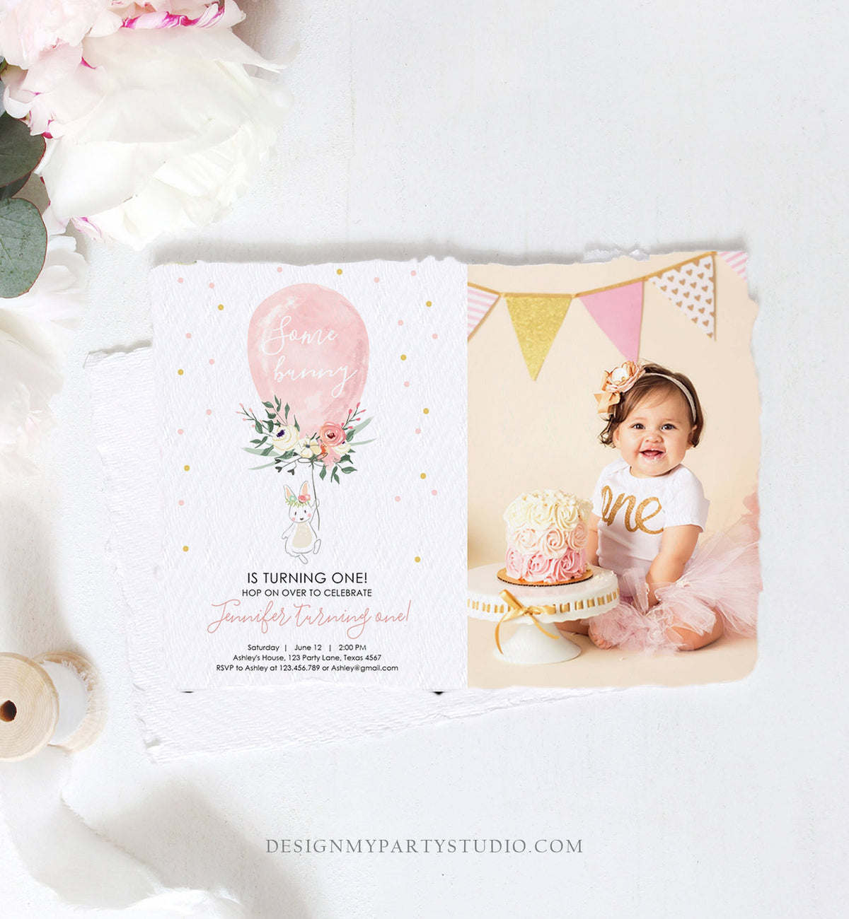 Editable Some Bunny Birthday Invitation Balloon Girl First Birthday 1st Party Floral Pink Gold Download Corjl Template Printable 0221