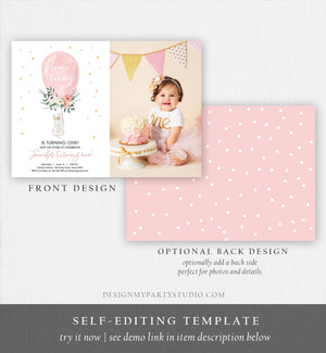 Editable Some Bunny Birthday Invitation Balloon Girl First Birthday 1st Party Floral Pink Gold Download Corjl Template Printable 0221