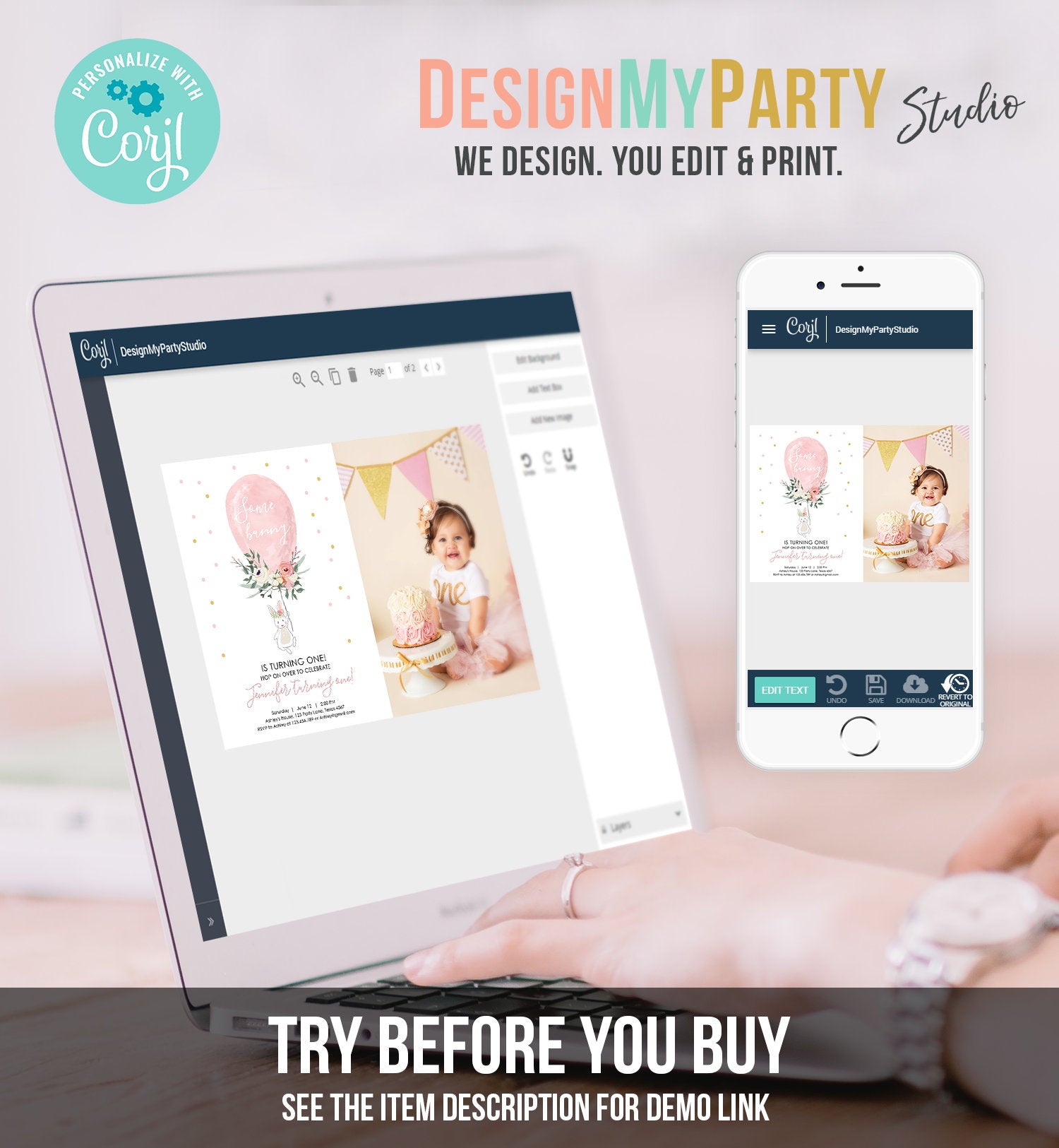 Editable Some Bunny Birthday Invitation Balloon Girl First Birthday 1st Party Floral Pink Gold Download Corjl Template Printable 0221