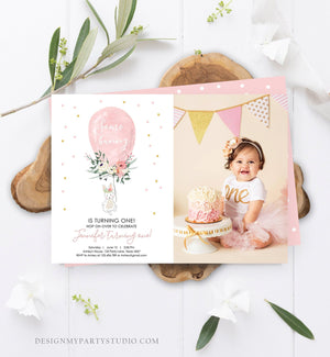 Editable Some Bunny Birthday Invitation Balloon Girl First Birthday 1st Party Floral Pink Gold Download Corjl Template Printable 0221