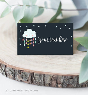 Editable Cloud Food Labels Raindrops Place Card Rain Drops Baby shower Tent Card Escort Card Baby Sprinkle Rainbow Printable Corjl 0036