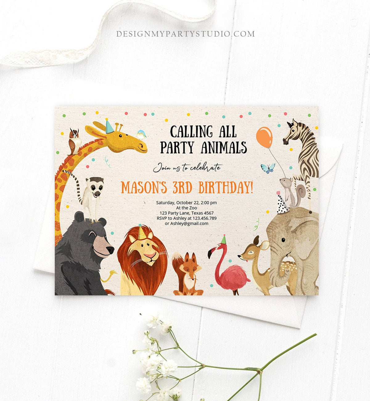 Editable Birthday Invitation Party Animals Wild One Baby Shower Invite Zoo Safari Animals Download Printable Invitation Template Corjl 0196