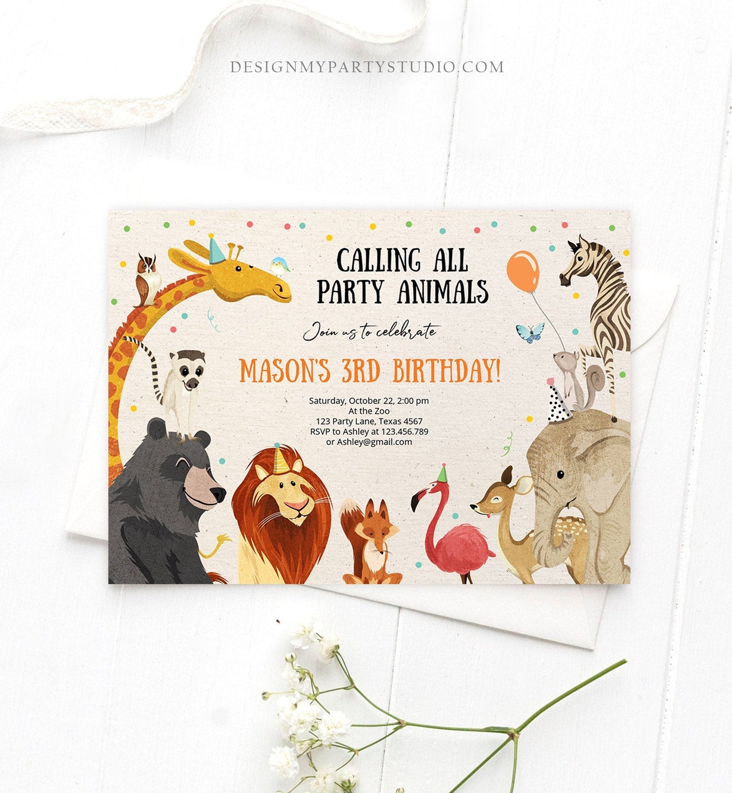 Editable Birthday Invitation Party Animals Wild One Baby Shower Invite - Design My Party Studio editable-birthday-invitation-party-animals-wild-one-baby-shower-invite-design-my-party-studio