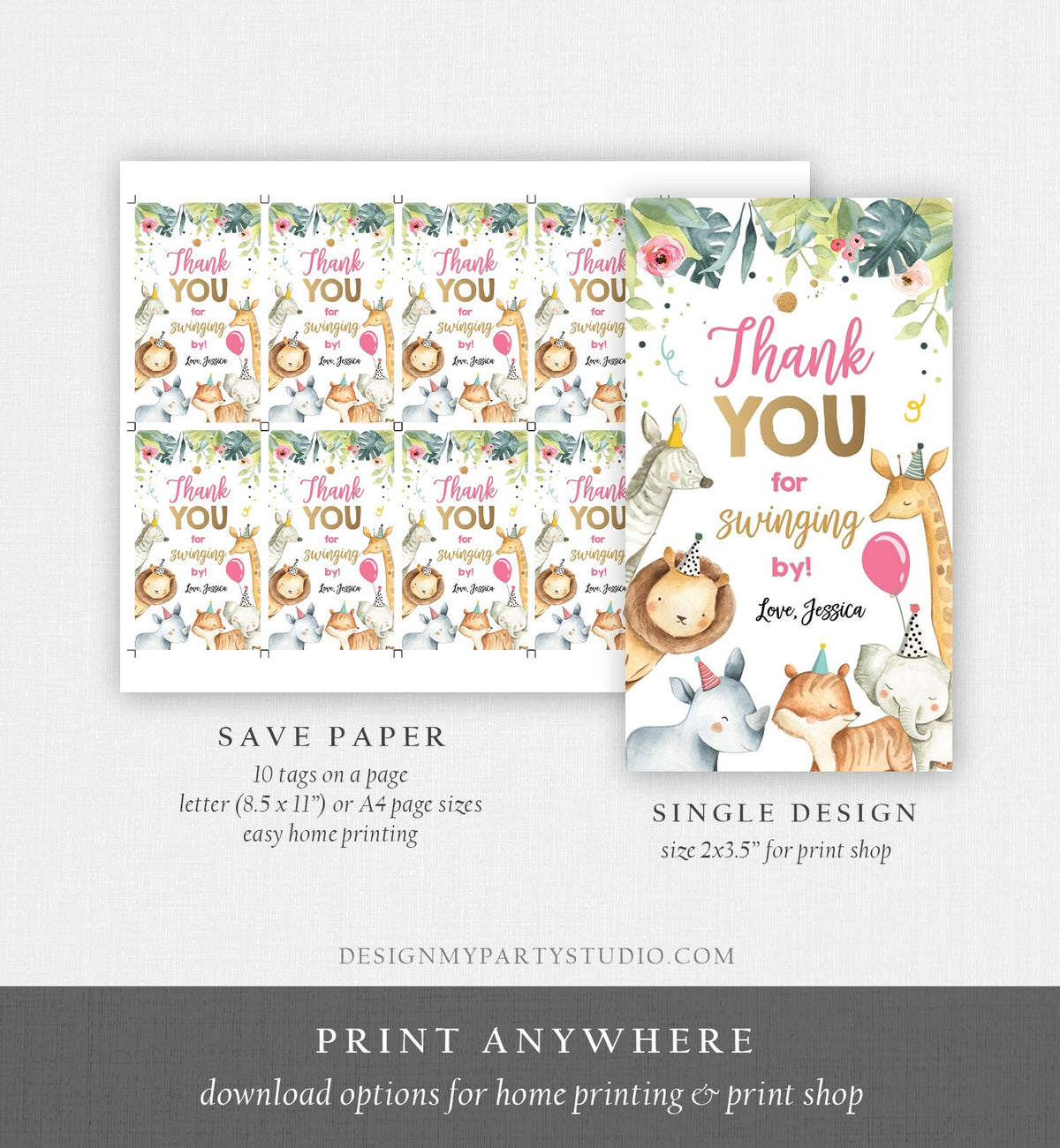 Editable Favor tags Safari Animals Wild One Party Animals Birthday Thank you tags Jungle Girl Gold Pink Gift tags Zoo Template Corjl 0163