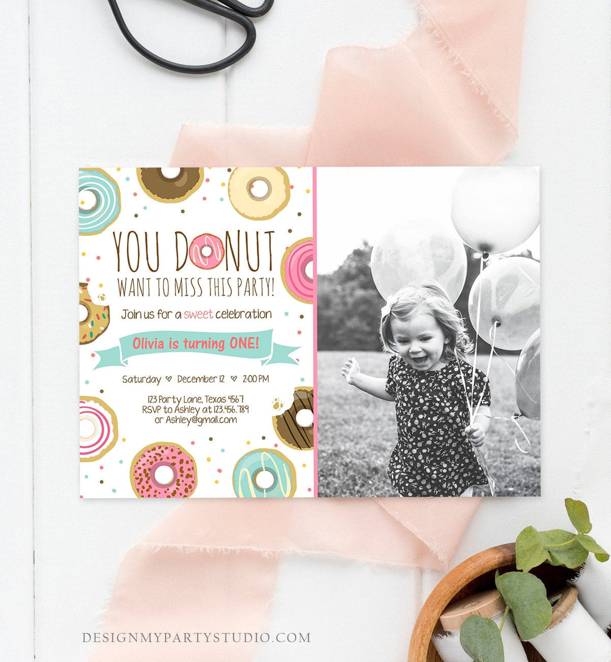 Editable Donut Birthday Invitation You Donut Want To Miss This Girl Pink Sweet Doughnut First Birthday 1st Donut Grow Up Corjl Template 0050