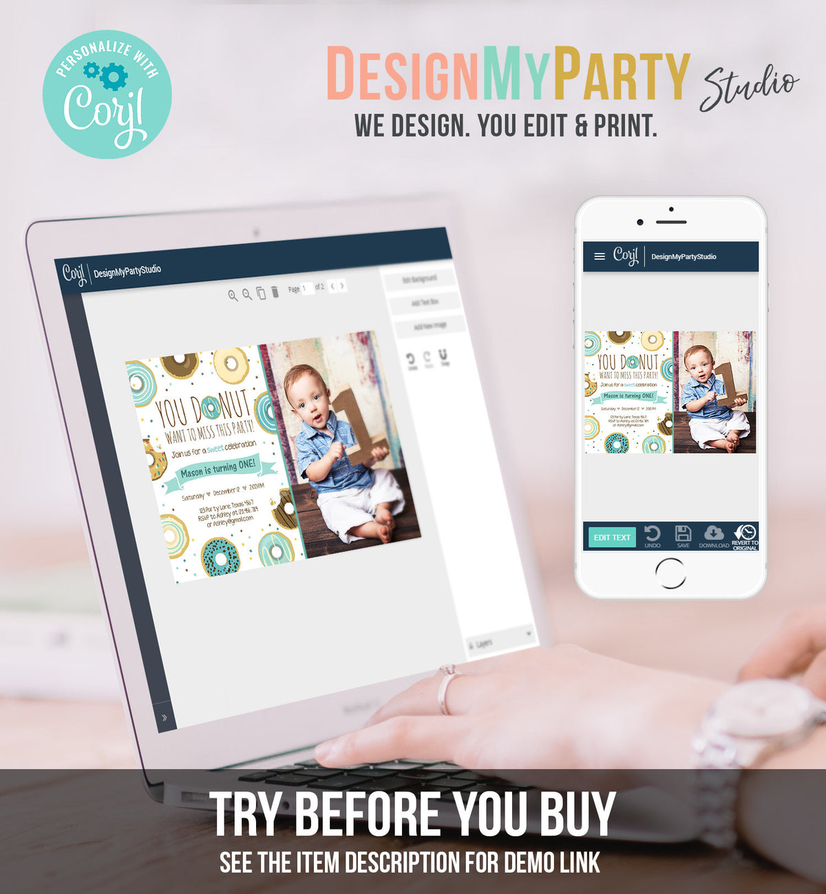 Editable Donut Birthday Invitation You Donut Want To Miss This Boy Blue Sweet Doughnut First Birthday 1st Donut Grow Up Corjl Template 0050