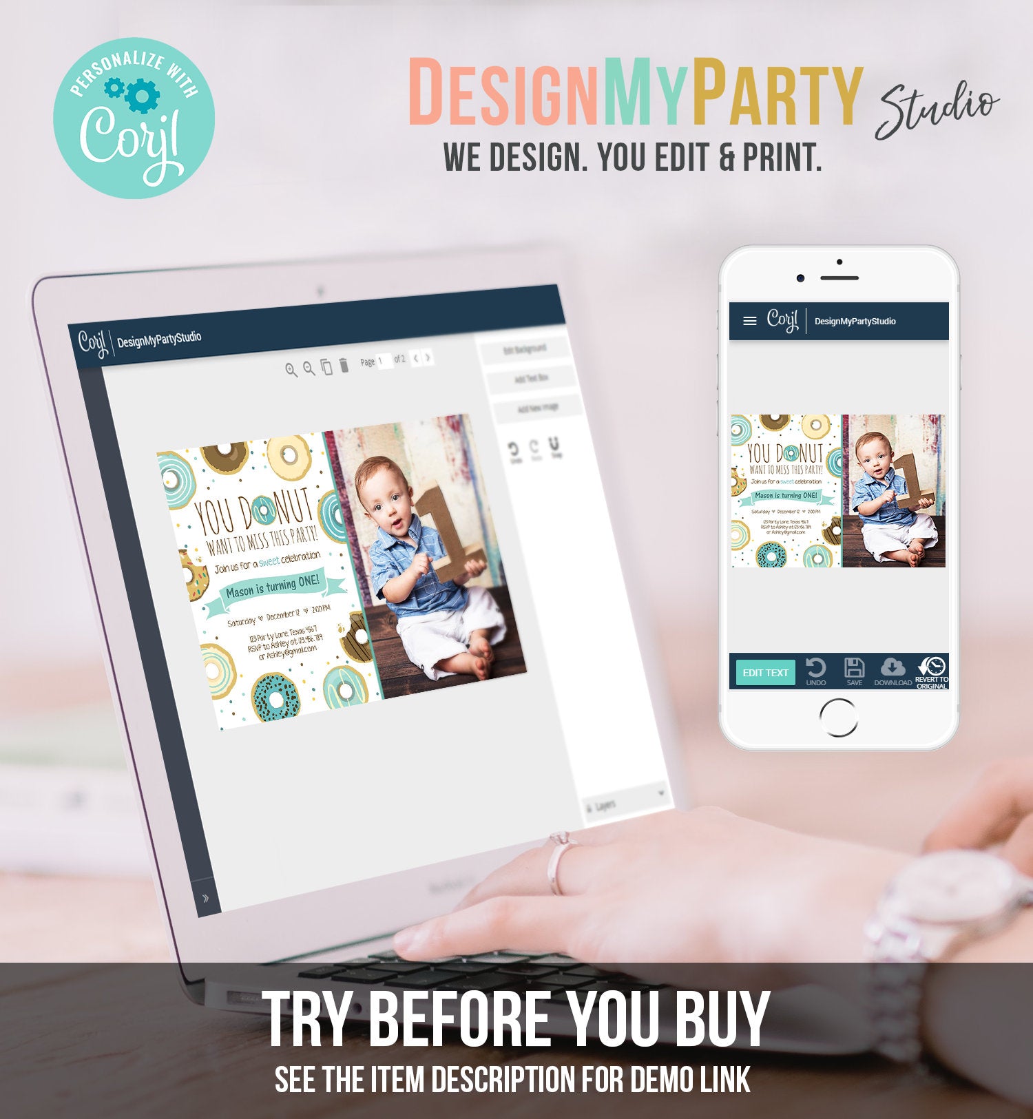 Editable Donut Birthday Invitation You Donut Want To Miss This Boy Blue Sweet Doughnut First Birthday 1st Donut Grow Up Corjl Template 0050