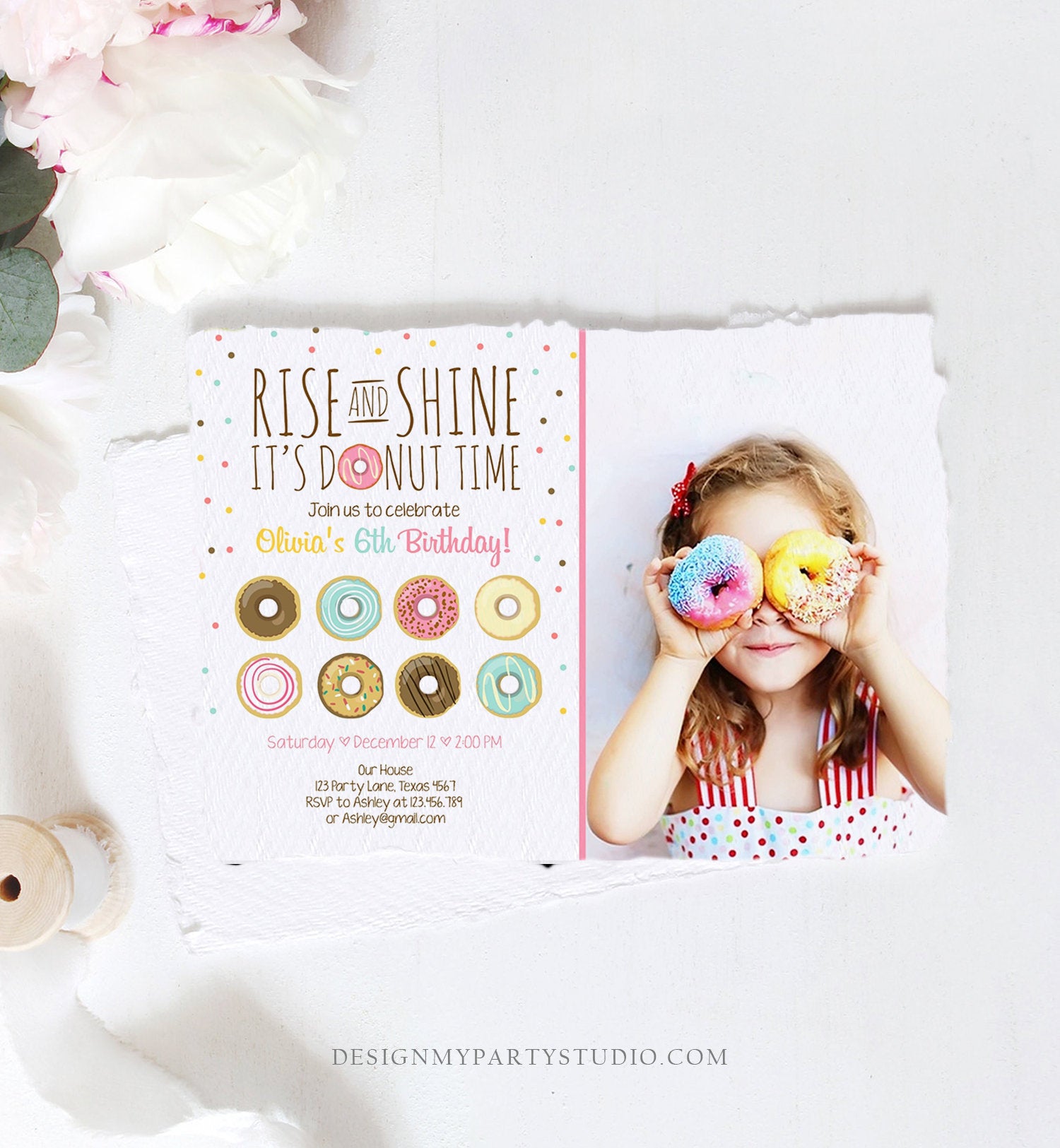 Editable Rise and Shine Donut Time Birthday Invitation ANY AGE Sweet Girl Birthday Party Pink Doughnut Digital Corjl Template Printable 0050