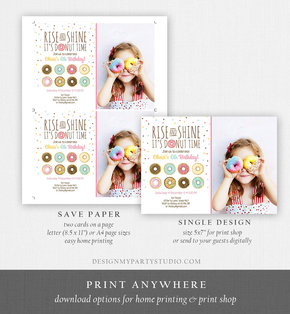 Editable Rise and Shine Donut Time Birthday Invitation ANY AGE Sweet Girl Birthday Party Pink Doughnut Digital Corjl Template Printable 0050