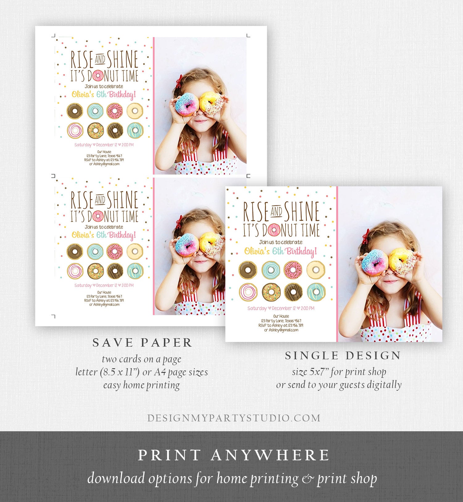 Editable Rise and Shine Donut Time Birthday Invitation ANY AGE Sweet Girl Birthday Party Pink Doughnut Digital Corjl Template Printable 0050