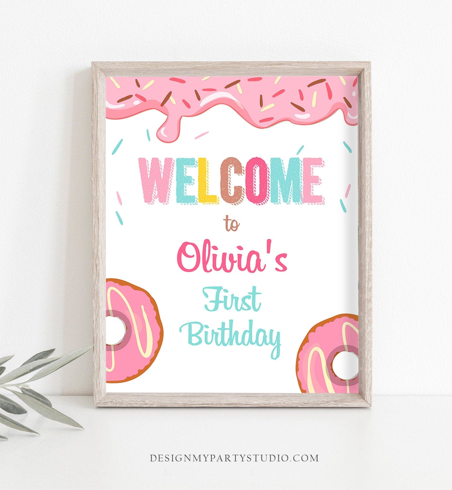 Editable Donut Welcome Sign Donut Birthday Party Pink Girl Doughnut Baby Shower Sprinkle Table Sign Download Corjl Template Printable 0050