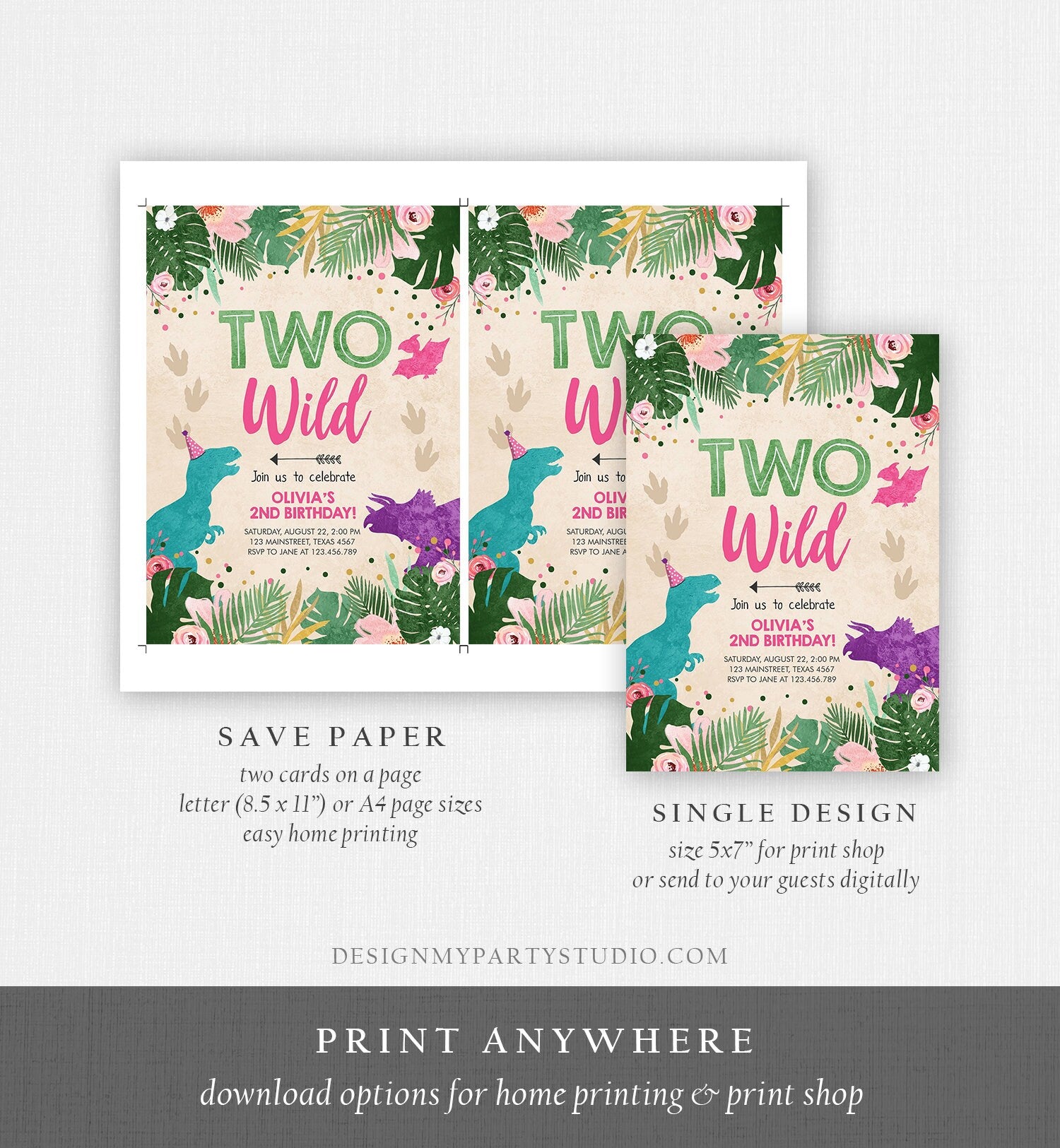 Editable Two Wild Birthday Invitation Dinosaur Dino Party Girl 2nd Second Birthday Born to Pink Purple Digital Corjl Template Printable 0388